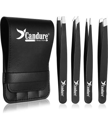 Candure Tweezers for Eyebrows - Professional Stainless Steel Slanted and Pointed Tip Hair tweezers Set for Ingrown Hair Blackhead Removal Eyelash Extension Eyebrows Plucking Beauty Tool for Women
