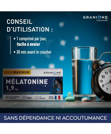 GRANIONS Melatonine 1 9 mg - 30 comprim s -1 mois - Compl ment alimentaire sommeil - Endormissement plus rapide - Sans accoutumance - Melatonine comprim s - Jet Lag - Sans sucre - Fabriqu en France 30 unit (Lot de 1) - Buy Online on GoSupps.com