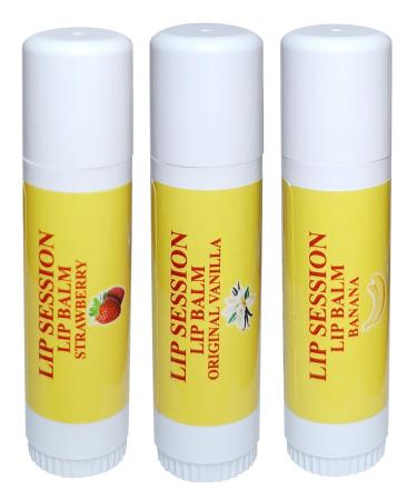 Lip Session Lip Balm Big Sticks Assorted Flavors Vanilla (Original) Strawberry & Banana - 3 Pack - 0.5 Oz. Each - With Vitamin E & Cocoa Butter - Moisturizes & Soothes Dry Cracked or Chapped Lips