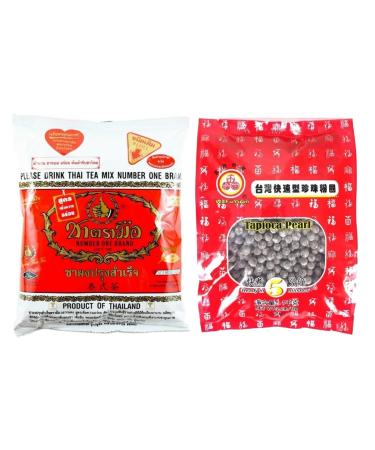CNMART Thai Bubble Milk Tea Kit: ChaTraMue Vanilla Flavour Red Tea Powder 400g & Wu fu yuan Black Tapioca Pearl 1kg Bundle