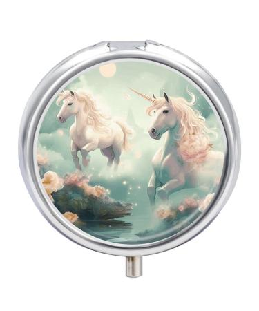 Round Pill Box Unicorns Print 3 Compartment Medicine Pill Case Print Pill Organizer Decorative Metal Portable Pill Box Pocket Pill Box Style-17