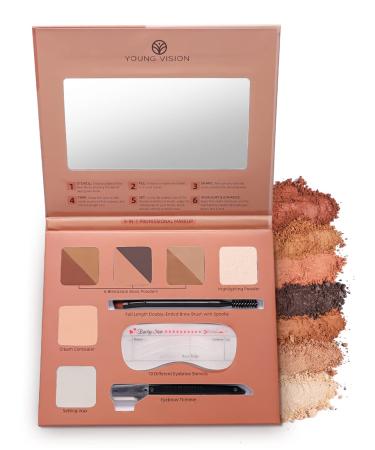 YOUNG VISION Eyebrow Powders Palette With Mirror  6 Brows Colors With Stencils  Highlighter Powder  Cream Concealer  Styling Wax  Eyebrow Trimmer  And Brow Brush & Spoolie Duo