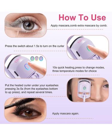 FIBOTY Heated Eyelash Curler with Comb and Eyeliner Brushes - 3 Heating Modes for Natural Curling (Purple) - Buy Online on GoSupps.com
