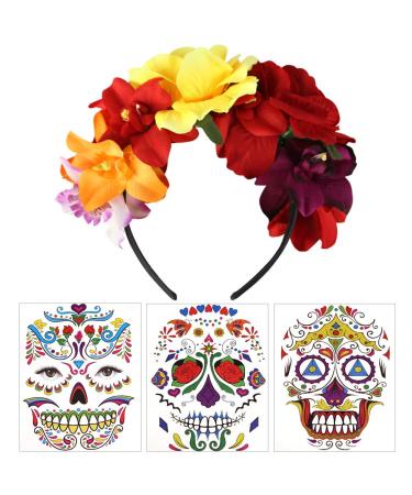 BigOtters Day of The Dead Headband  4Pcs Cinco De Mayo Mexican Flower Crown Headband with Halloween Dead Tattoos for Mexican Theme Decor and Fun Fiesta Party Favor