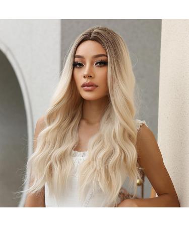 24-Inch Ombre Blonde Wavy Wig for Women - Dark Roots Loose Waves | Glue-Free Daily Cosplay Wig - Buy Online on GoSupps.com
