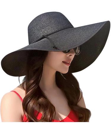 Lanzom Womens Wide Brim Straw Hat Big Floppy Foldable Roll up Cap Beach Sun Hat UPF 50+ Twine-black One Size