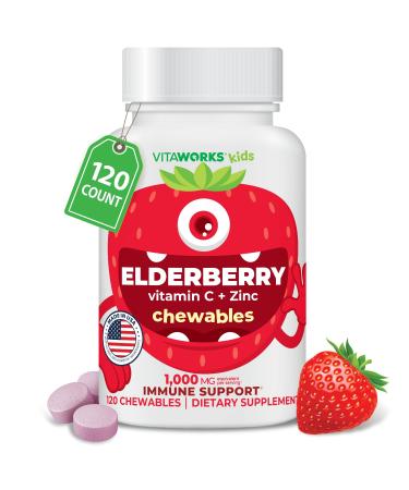 VitaWorks Kids Elderberry Vitamin C and Zinc - Great Tasting Strawberry Flavor Sambucus Elderberry Immune Support for Kids - Made in USA Vegan Kosher Non-GMO - 120 Black Elderberry Chewables