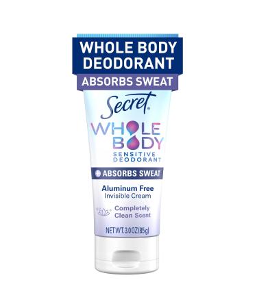 Secret Whole Body Deodorant Dry Feel Cream + Absorbs Sweat for Women Completely Clean Scent Aluminum Free Deodorant 72 HR Odor Protection 3.0 oz