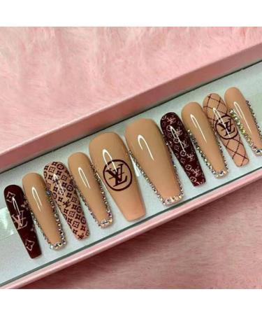JUSTOTRY 24 Pcs False Nails Long with Diamond Brown French Press on Nails Patterns Ballerina Stick on Nails for Women Acrylic Coffin Fake Nails Medium with Glue for Nail Art brown&jewels1