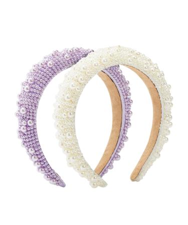 2 Pack Crystal Headbands for Women Padded Pearl Headband (Lavender White) Lavender & Off White