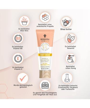 BEE&YOU Natural Propolis Body Cream Raw Honey Daily Moisturizer Gentle Care Aloe Vera Vitamin B5 Vitamin E Shea Butter Sesame Oil No Animal Testing - Buy Online on GoSupps.com