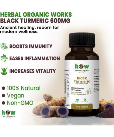 Herbal Organic Works Black Turmeric Capsules Natural Herbal Supplement with Antioxidant Support | Helps Maintain Calm Comfort & Daily Wellness | 30 Plant-Based Capsules - Buy Online on GoSupps.com