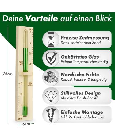 Nordholz Sauna Hourglass - 15 Min Timer 100% Nordic Spruce Heat-Resistant Glass Green Contrast Sauna Accessories - 60 Day Risk-Free Trial - Buy Online on GoSupps.com