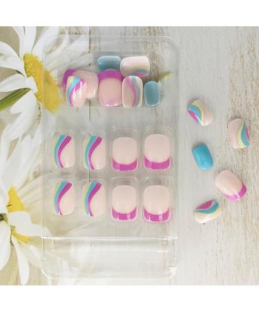 Colorful Waves French Tip Press on Nails - Glossy Blue & Pink Swirl Design | 24Pcs - Buy Online on GoSupps.com