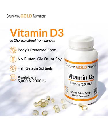 California Gold Nutrition Vitamin D3 5000IU Fish Gelatin Softgels 360 Count - Buy Online on GoSupps.com