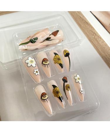Buy 24 Pcs Long Almond Pointed Mushroom Press on Nails with Daisy Eyes - Full Cover Acrylic Glue on Fake Nails for Women & Girls | International Shipping - Buy Online on GoSupps.com