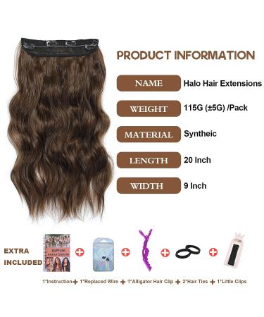 Halo Hair Extensions 20 Inch Medium Brown - Adjustable Long Wavy Synthetic Hairpieces with Invisible Wire and 4 Secure Clips - Buy Online on GoSupps.com