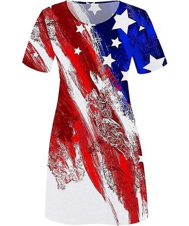 Women's Summer Star Striped Print Dress - Red; Casual Short Sleeve O-Neck Flowy Dress for 4th July & Daily Wear - Small - Buy Online on GoSupps.com