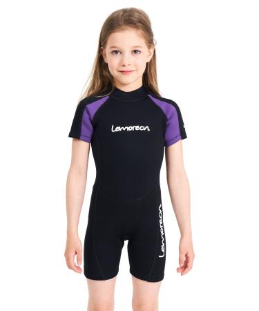 Lemorecn Kids 3mm and 2mm Wetsuits Youth Premium Neoprene Youth's Shorty Swim Suits 2mm Shorty Purple Trim 4