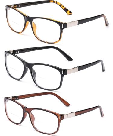 3-Pack Bifocal Reading Glasses - Rectangle Frames 1.75X - Unisex Tortoise Black & Brown - Includes Pouches - International Shipping - Buy Online on GoSupps.com