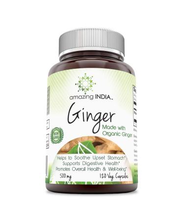Amazing India Ginger (Made with Organic Ginger) 500 Mg, 120 Veggie Capsules (Non-GMO) - Helps Soothe Upset Stomach - Supports Digestive Health - Promotes Overall Health & Well-Being*