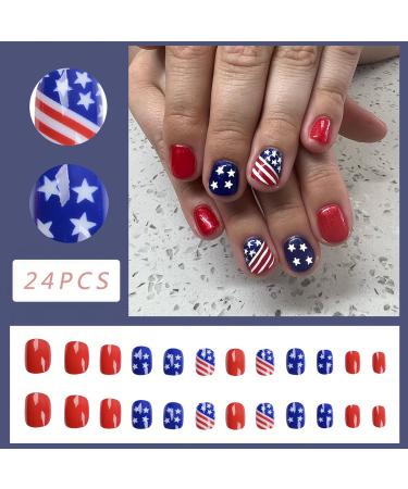4th of July American Flag Press On Nails - Short Square Full Cover Glossy False Nails for Women and Girls - Buy Online on GoSupps.com