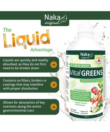 Naka Vital Greens Essential Green Nutrients Featuring Chlorophyll Aloe Vera Ginseng Ginkgo Biloba Super Food Complex and 15 Vegetable Juice Extract Mint Flavour Made in Canada (900ml) - Buy Online on GoSupps.com