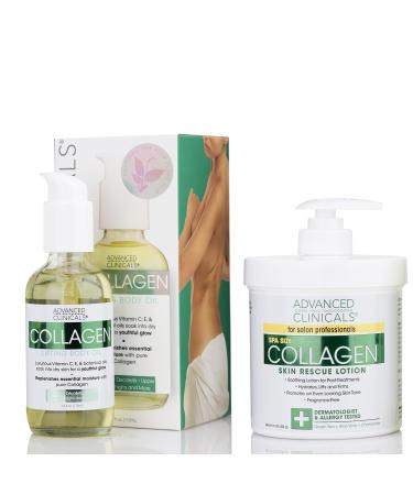 Collagen Body Cream Moisturizer Lotion Advanced Clinicals & Collagen Body Oil Skin Care Hydrating Skin Care Set To Reduce Crepey Skin & Stretch Marks - Pack Of 2