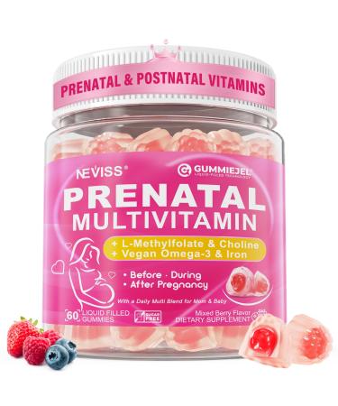 Prenatal Vitamins for Women Multivitamin Gummies w/ Methylfolate 1mg Choline Omega-3(DHA+EPA) Iron Postnatal Vitamins for Women Breastfeeding | Before During & After Pregnancy Sugar Free Vegan 60Cts 60 Count (Pack of 1)