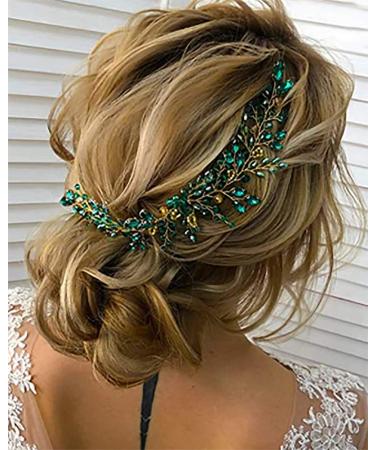 Denifery Emerald Wedding Hair Piece Green Hair Vine Bridal Gold Jewelry Headpiece Wedding Hair Accessories Emerald Green