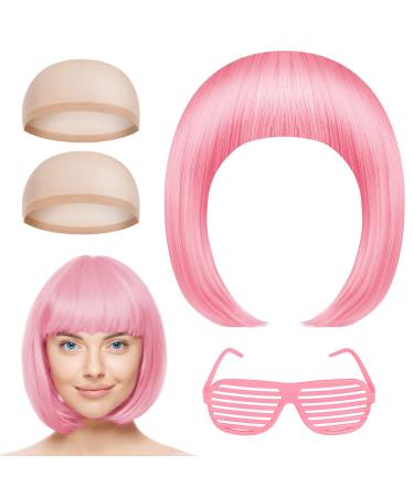 AOMIG Short Bob Wig for Women 4 Pack Short Pink Bob Wigs Set with Sunglass and Wig Cap Neon Fancy Dress Accessory Cosplay Party Wig with Bangs Synthetic Straight Wig for Daily Halloween Decorations