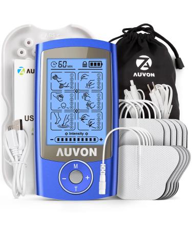 Auvon tens device rechargeable stimulus current against pain with 24 training programs 2 channels and 10 pieces 2 "x 2" Premium electrodes pads with patented design (blue) B-blue