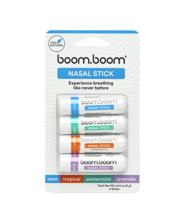 Boom Boom Nasal Stick (4 Pack) | Boosts Focus + Enhances Breathing | Provides Fresh Cooling Sensation | Aromatherapy Inhaler Made with Essential Oils + Menthol (Mint Wintermint Tropical Lavender)