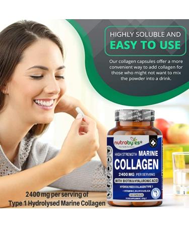 High Strength Marine Collagen 2400mg with Hyaluronic Acid 100mg Biotin Vitamin C D3 B12 and Silica - 120 Capsules - High Strength Hydrolysed Marine Collagen for Men and Women Made in UK - Buy Online on GoSupps.com