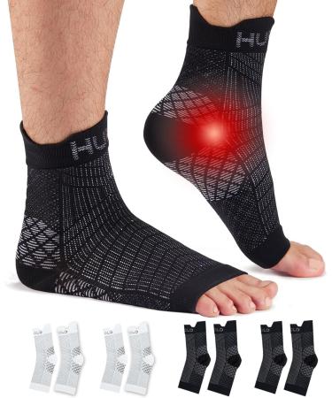 HUEGLO 4 Pairs Plantar Fasciitis Socks Neuropathy Neuro Socks Compression Socks for Women Men Ankle Support Brace for Weak Sprained Ankle Pain Relief Anti-Slip Foot Support Brace (2Black+2White XL) 2Black+2White XL