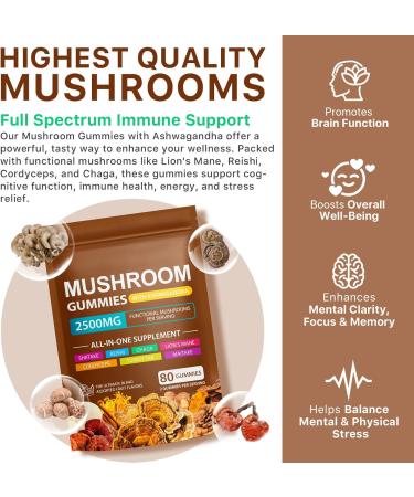 Mushroom Gummies for Adults 10x Mushroom Supplement Energy Focus Mood & Cognitive Support Vegan Immune Brain Support & Chill Mushroom Complex Gummy 80 Gummies - Buy Online on GoSupps.com