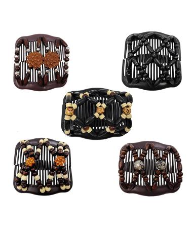 FXQHAN Women Magic Hair Combs Wood Beaded Stretch Double Side Combs Clips Bun Maker Hair Accessories Pack of 5