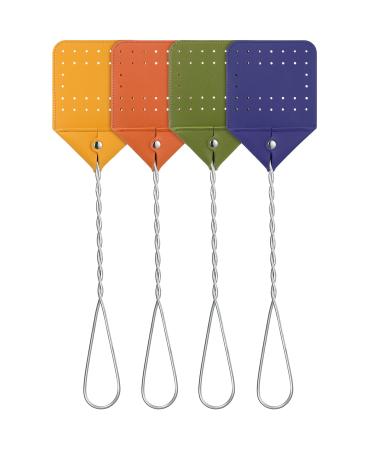 4 Pieces Leather Fly Swatter Long Handle Manual Swat Metal Handle Flyswatter Colorful Rustic Fly Swatter for Kitchen Home Indoor Outdoor, 4 Colors(Orange, Green, Yellow, Purple)