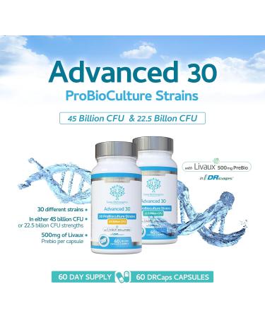 Bio Cultures Complex Probiotics & Prebiotics - 30 Strains, 22.5 Billion CFU, 500mg Livaux PreBiotic - 2 Month Supply - DR-Caps for Gut Health - UK Made - Buy Online on GoSupps.com
