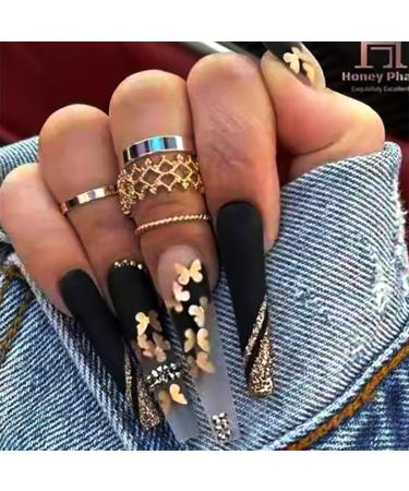 Brishow black artificial nails long nails to stick on gold butterfly press on nails ballerina acrylic wrong nails 24 pieces for women and girls