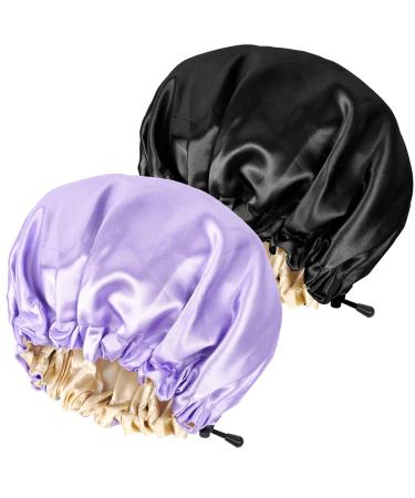 Ranphykx 2PCS Satin Sleep Cap Adjustable Double-Sided Sleep Bonnet Bonnet Cap for Sleep (1 Black+ 1 Purple) M-XL 1 BLACK+ 1 Purple