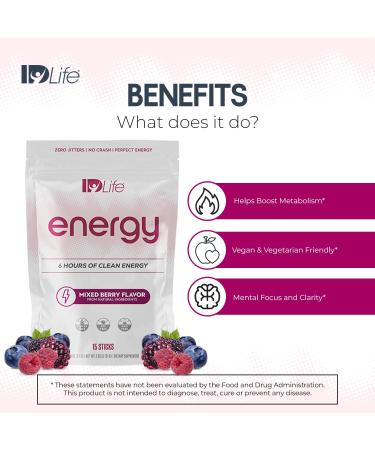 IDLife Energy - Mixed Berry - Sustained Power Boost with Powder, Healthy Drink for Work, Gym & Daily Use, 6 Hours of Boost - 15 Sticks per Bag - Buy Online on GoSupps.com