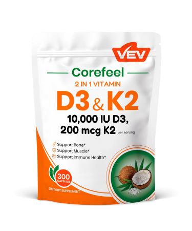 VEV Corefeel Vitamin D3 K2, 10,000 IU D3, 200mcg K2 (with MK7), Supports Bone and Teeth Health, Dual Nutrient Support for Daily Wellness, Easy to Swallow 300 Capsules