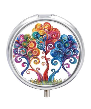Pill Box Pill Case 3 Compartment Travel Pill Box Three Trees Painting Printing Small Pill Box Portable Medicine Pill Case Pill Organizer for Purse & Pocket for Travel Handbag (Round)