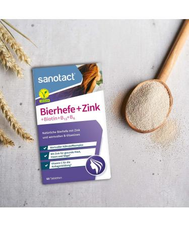 Sanotact Beer Yeast + Zinc | Vegan Skin Hair & Nails Vitamins | 60 Tablets with Biotin B12 B6 & Vitamin C - Buy Online on GoSupps.com