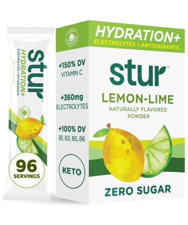 Stur Electrolyte Hydration Powder | Lemon Lime | Sugar Free | High Antioxidants & B Vitamins | Non-GMO | Daily Hydration & Workout Recovery | Keto | Paleo | Vegan (96 Packets) Lemon Lime 96 Count (Pack of 1)