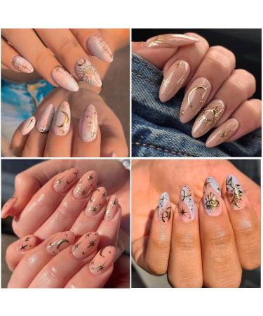 8 Sheets Gold Star Nail Stickers | Metallic 3D Self-Adhesive Nail Art Decals for Women - Sun Moon & Planet Designs - Buy Online on GoSupps.com