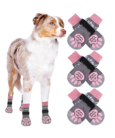EXPAWLORER Double Side Anti-Slip Dog Socks with Adjustable Straps - 3 Pairs Soft and Breathable Puppy Non-Slip Paw Protection, Better Traction Control for Indoor on Wooden Floor Wear Pink and Grey Small