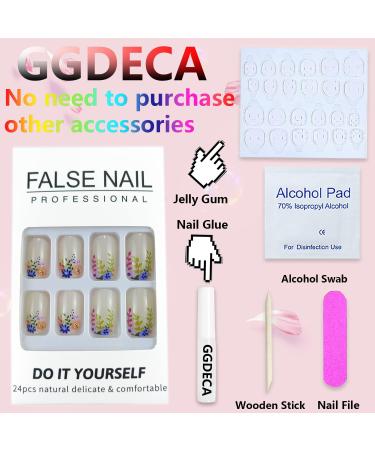 Square Fake Nails - Nude Press On Short Flower Design Full Cover Acrylic Nails - 24 Pcs Glossy Stick On Nails for Women - Buy Online on GoSupps.com