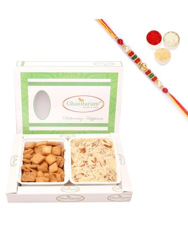 Ghasitaram Gifts Rakhi Gifts for Brothers Rakhi Sweets - Shakar Pada and Soan Papdi Hamper with Pearl Beads Rakhi Shakar Pada and Soan Papdi Hamper with Rakhi